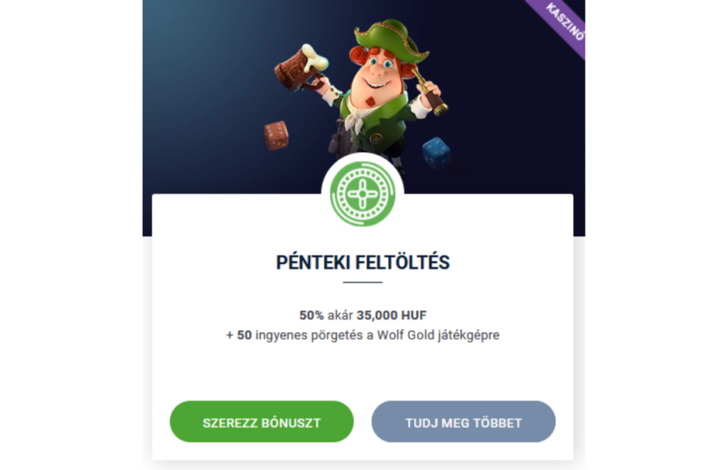 20Bet pénteki feltöltési bónusz: 50% akár 35 000 HUF + 50 ingyenes pörgetés Wolf Gold játékra.