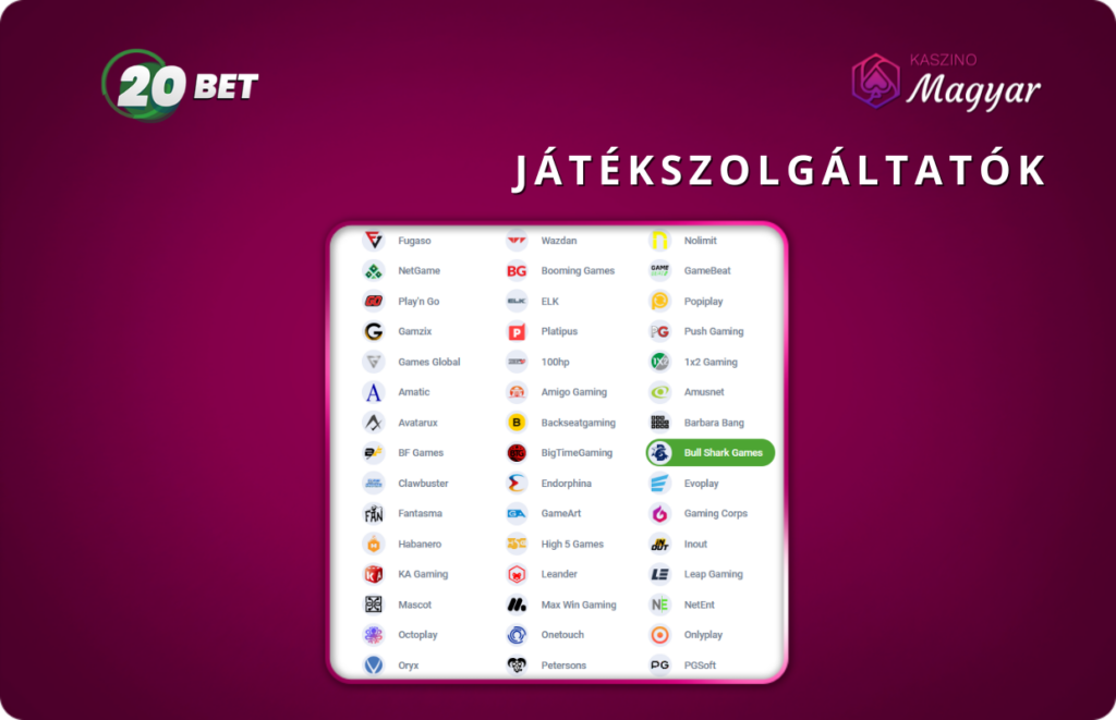 20Bet játékszolgáltatók: Széles választék a legjobb fejlesztőktől