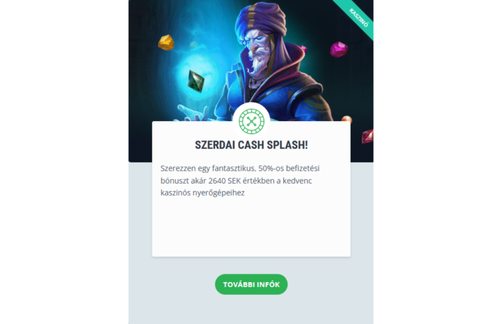 Szerdai Cash Splash bónusz: 50%-os befizetési bónusz akár 2640 SEK értékben.