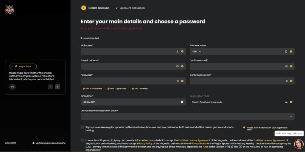 Vegas.hu registration